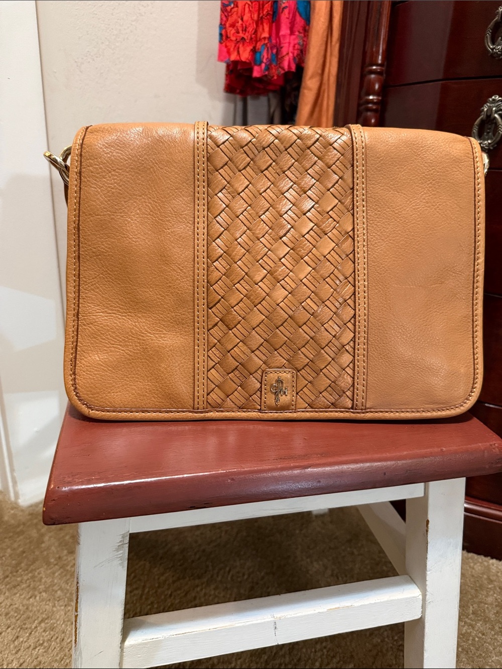 Cole Haan Woven Front Leather Messenger Bag in Tan